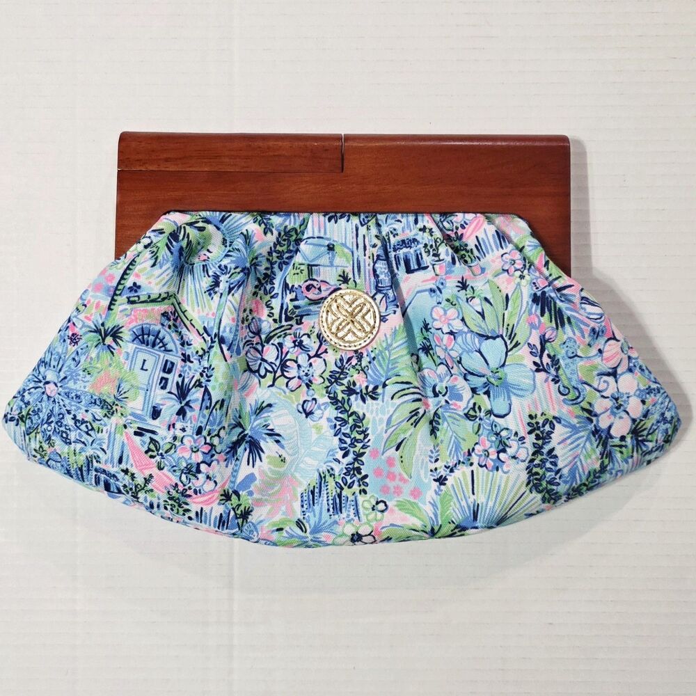 Lilly Pulitzer Bermuda Clutch Wooden Handle Bag Tropical Lilly's House Cruise